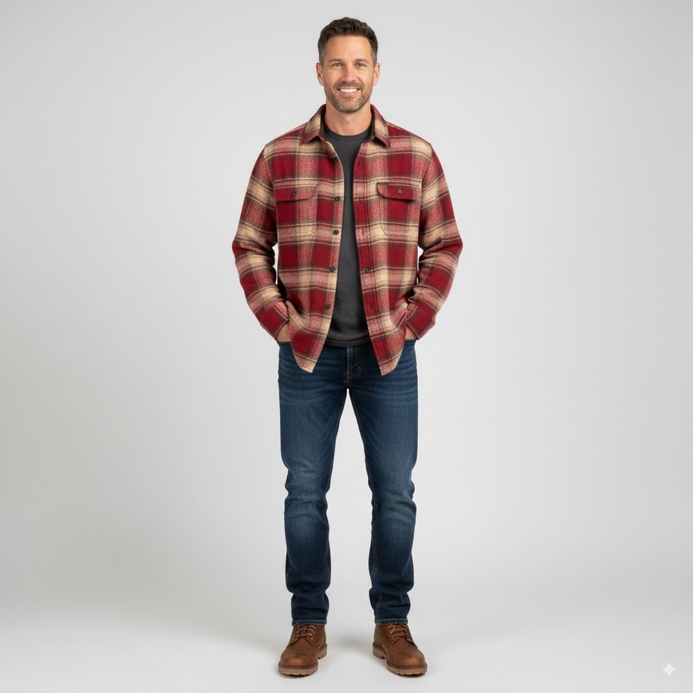 Orvis‎ Men's Flannel Shirt Medium Red Beige Plaid 100% Cotton Long Sleeve Button